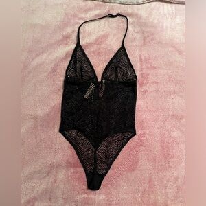 🆕 Victoria's Secret Zebra Black Thong Halter Teddy - Medium